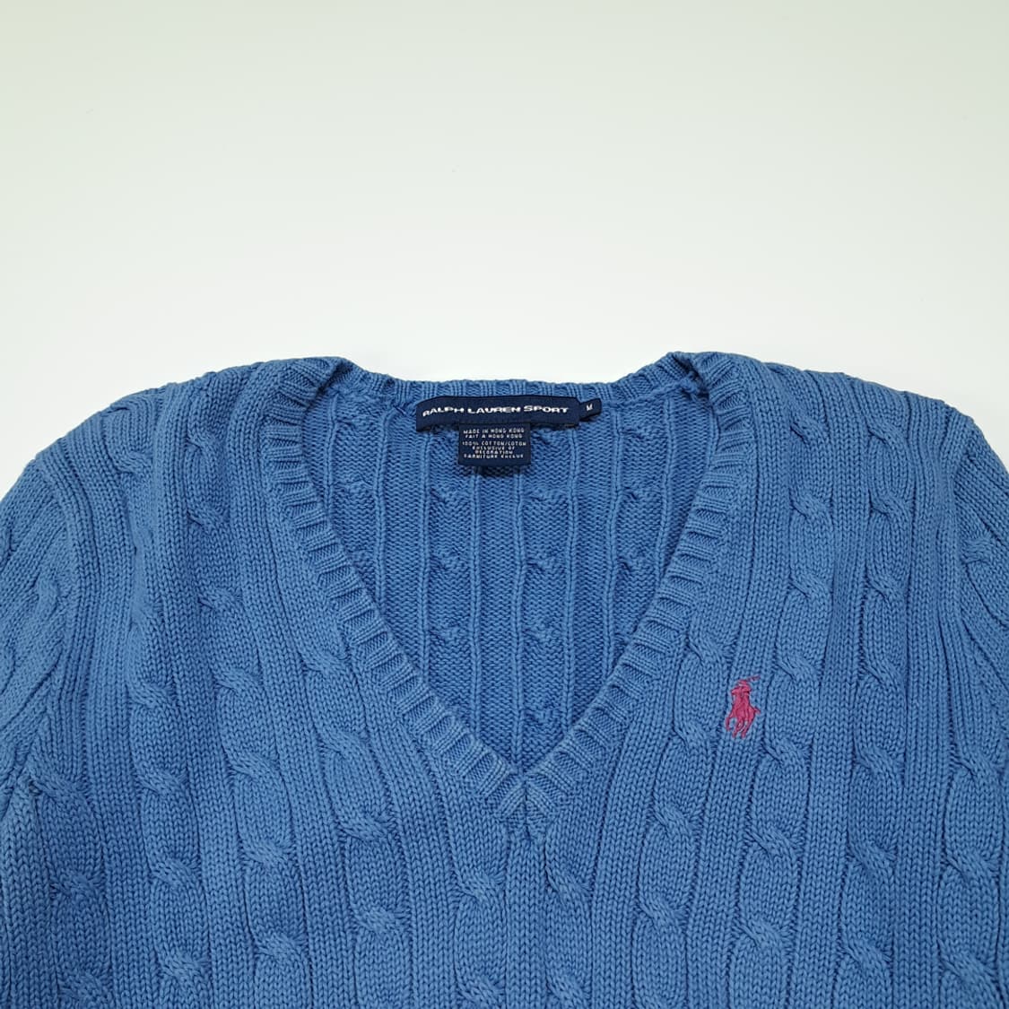 CL381 M 폴로 90s 홍콩판 코튼 케이블브이넥 블루 니트스웨터 상품이미지2
