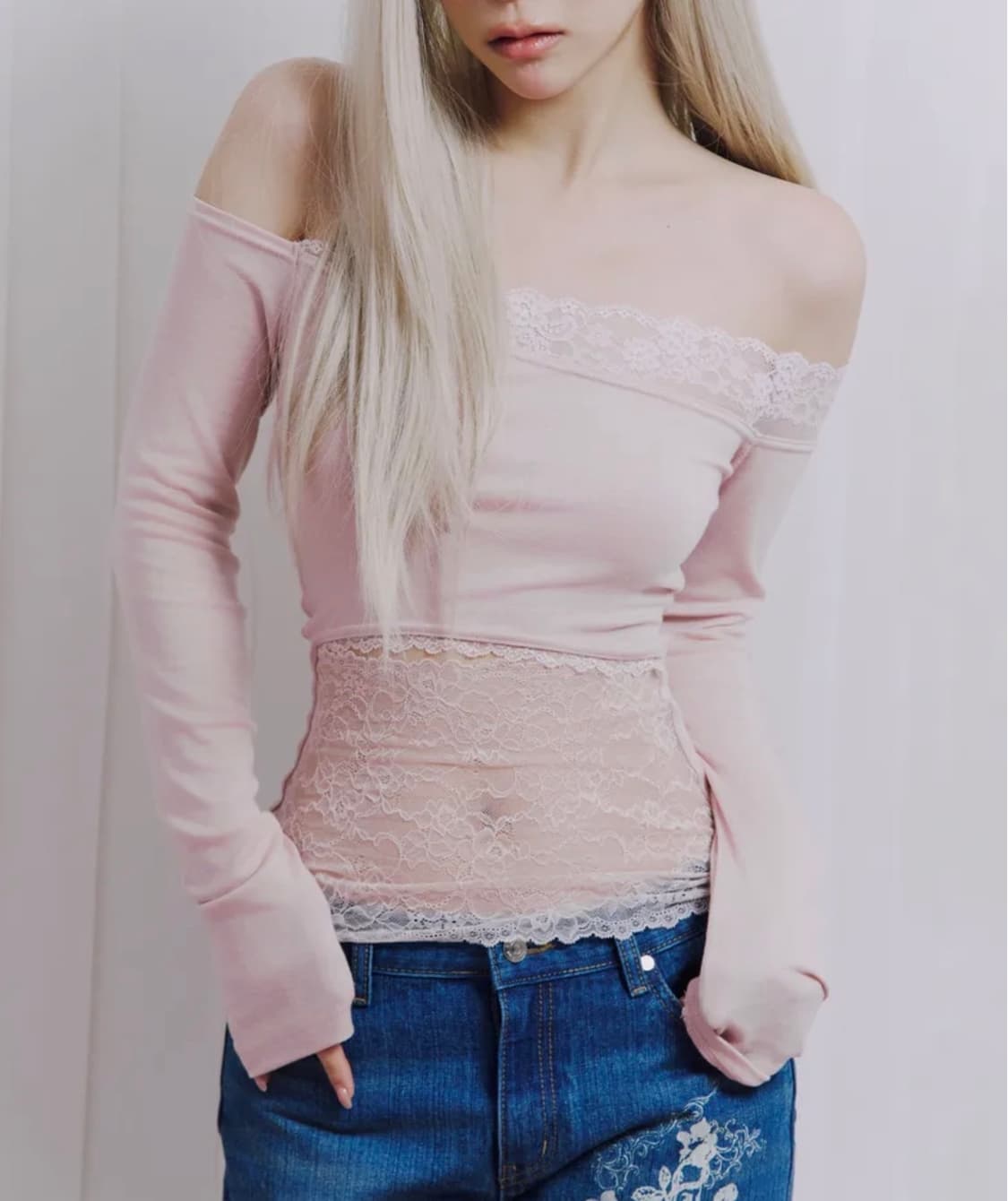 일리오 핑크 레이스 오프숄더 Pink lace off shoulder t 상품이미지3