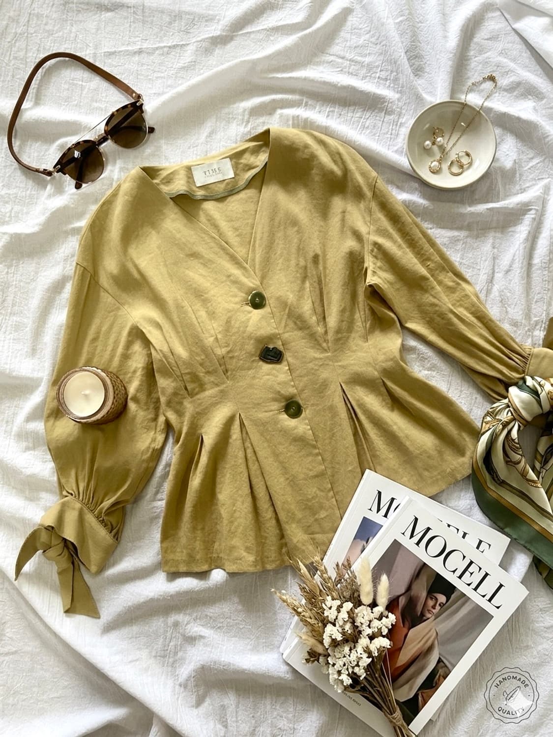 타임 단추 & 소매 리본 포인트 블라우스 셔츠 상품이미지1