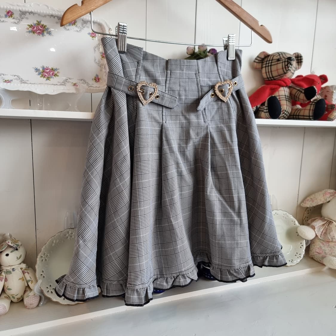 하트 큐빅 버클 체크 프릴 스커트 상품이미지3