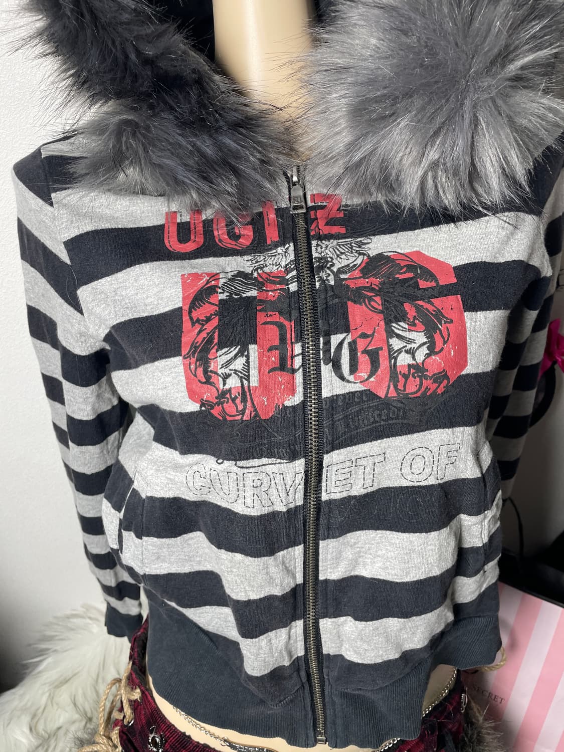 빈티지 UGIZ 퍼 스트라이프 후드집업 상품이미지3