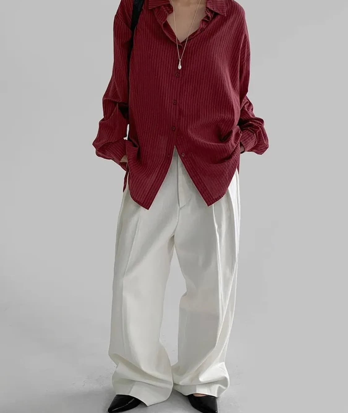 매니크 MADE 제프리 오버핏 스트라이프 셔츠 레드 상품이미지4