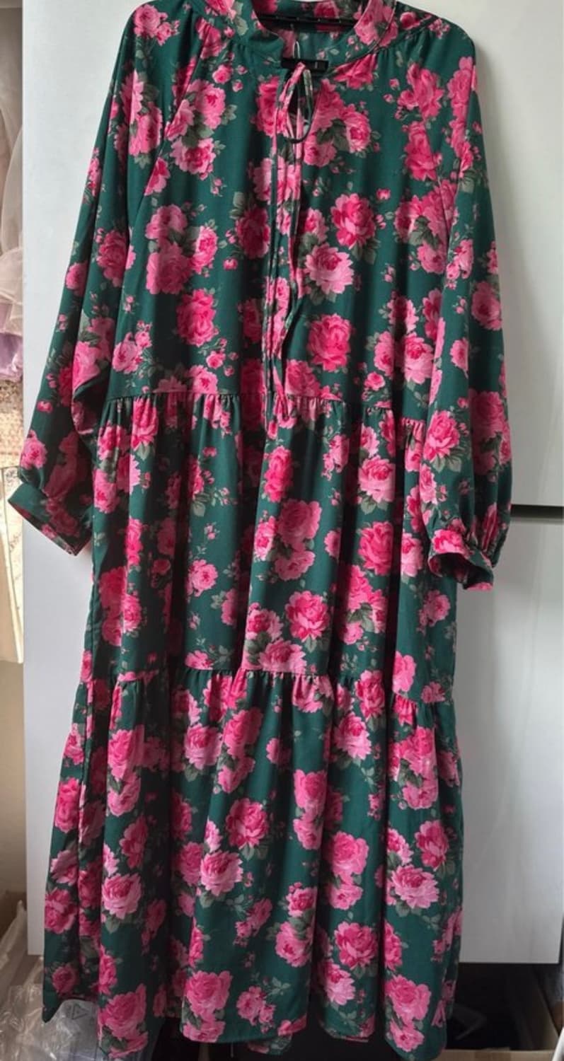 플라워 롱 원피스 그린 장미 패턴 상품이미지1