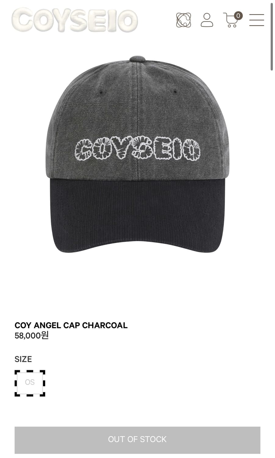 코이세이오 볼캡 COYSEIO COY ANGEL CAP CHARCOAL 상품이미지1