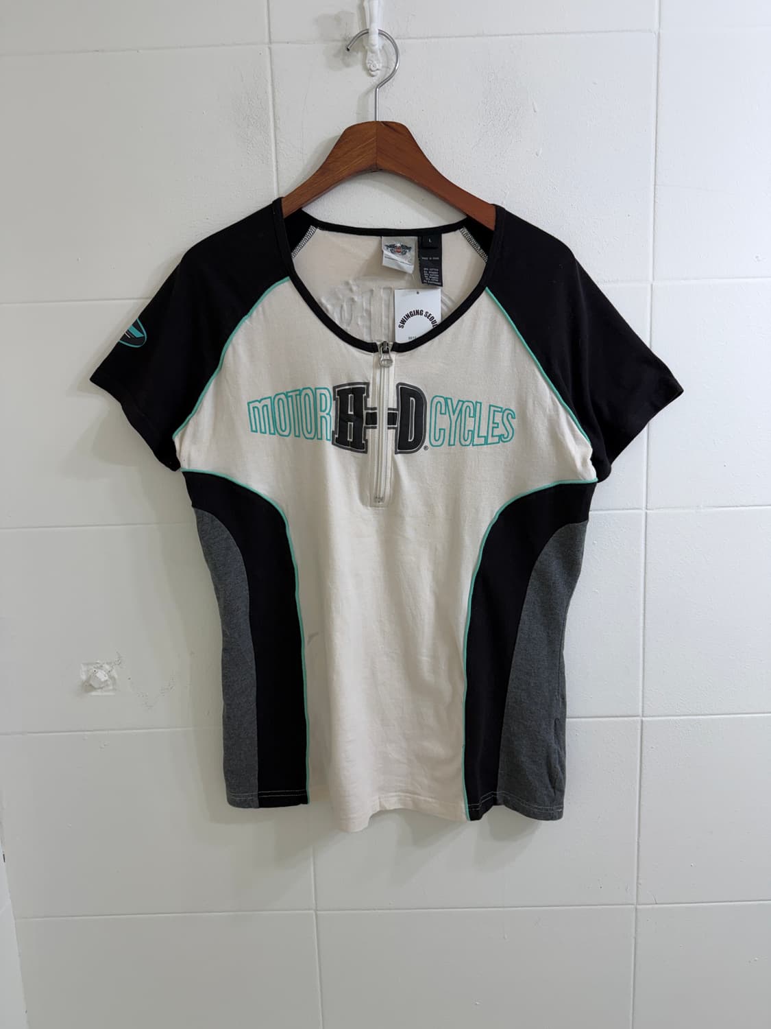 (상의 세트) 할리데이비슨 컬러 배색 반집업 반팔 + 그린 레이스 나시 상품이미지3