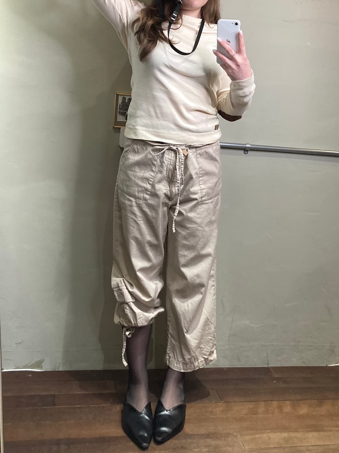 크림 베이지 카고 스트링 카프리 팬츠 상품이미지1