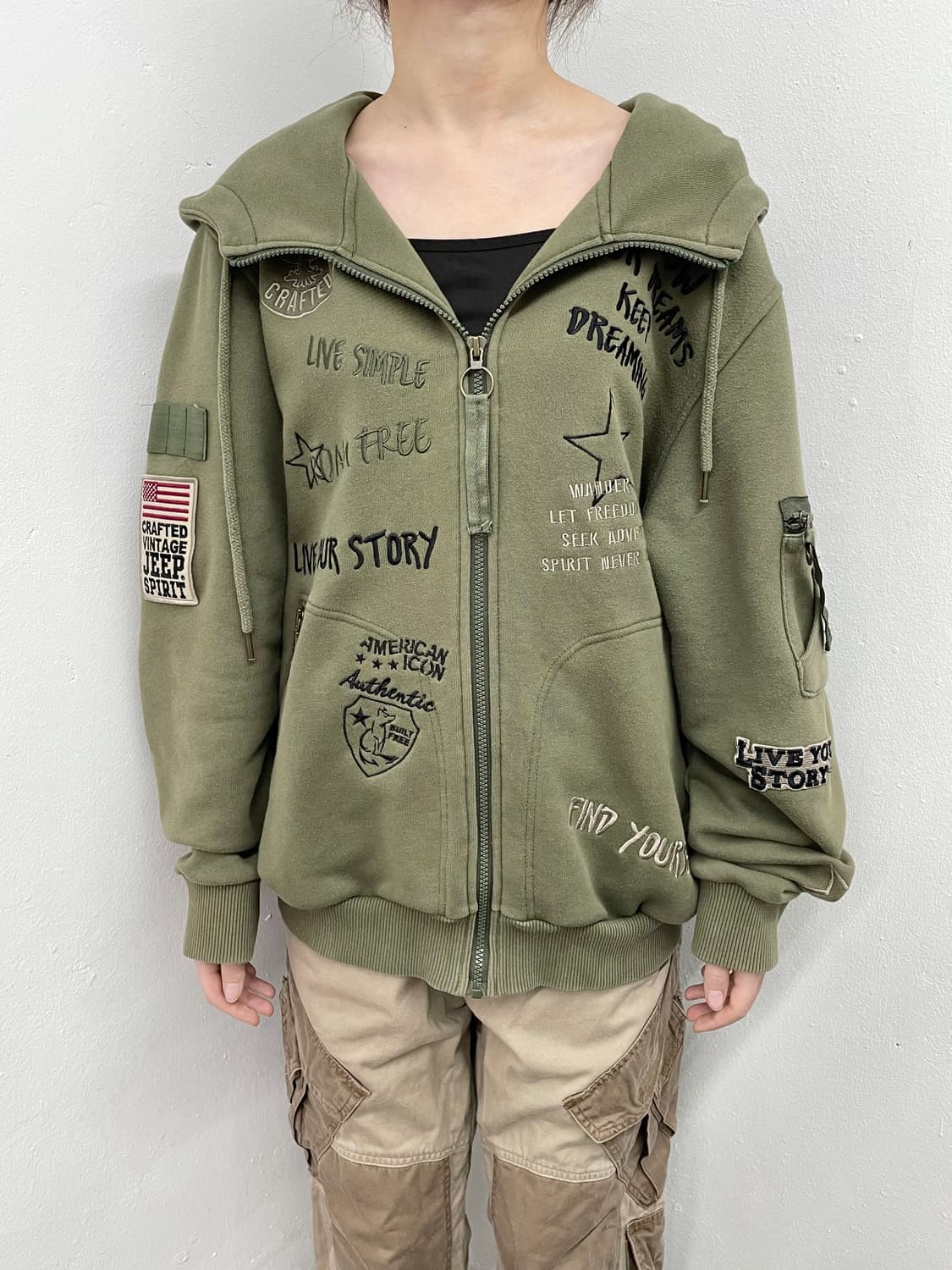 지프 카키 자수 후드집업 상품이미지2