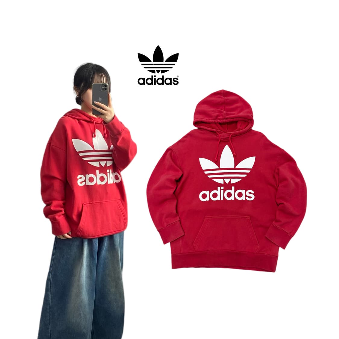 아디다스 신형 빅로고 파이어버드 오버핏 올드스쿨 후드티 레드 상품이미지1