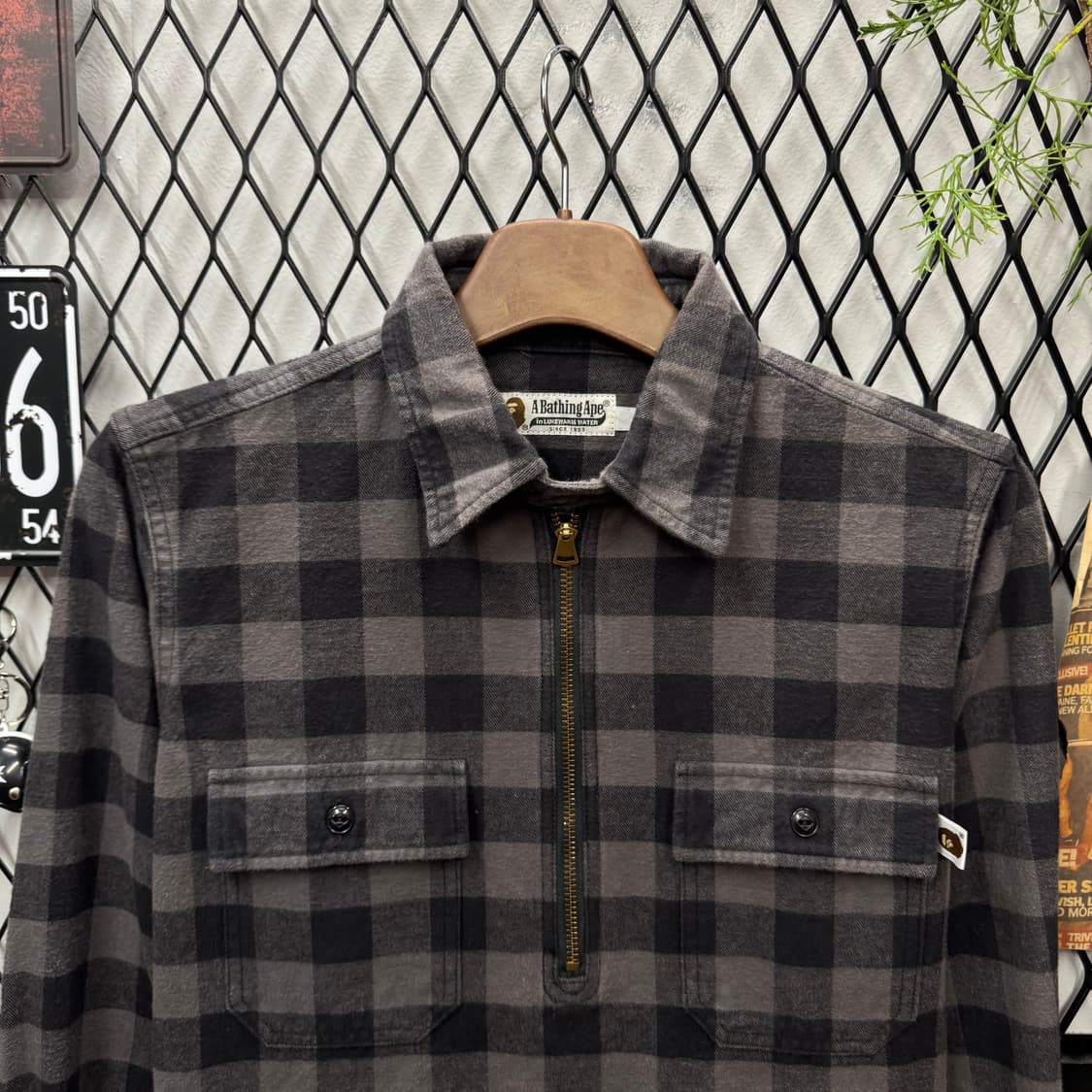 00s 베이프 버팔로 체크 하프 집업 워크 셔츠 그레이 블랙 상품이미지3