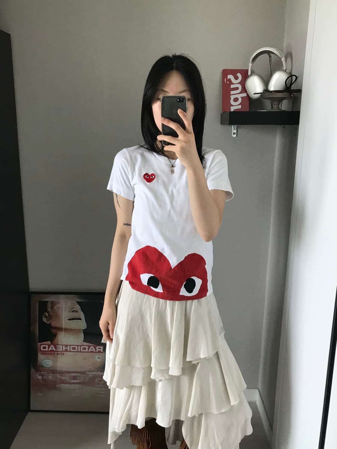 플레이 꼼데가르송 여성용 레드와펜 반하트 화이트 반팔티 상품이미지2