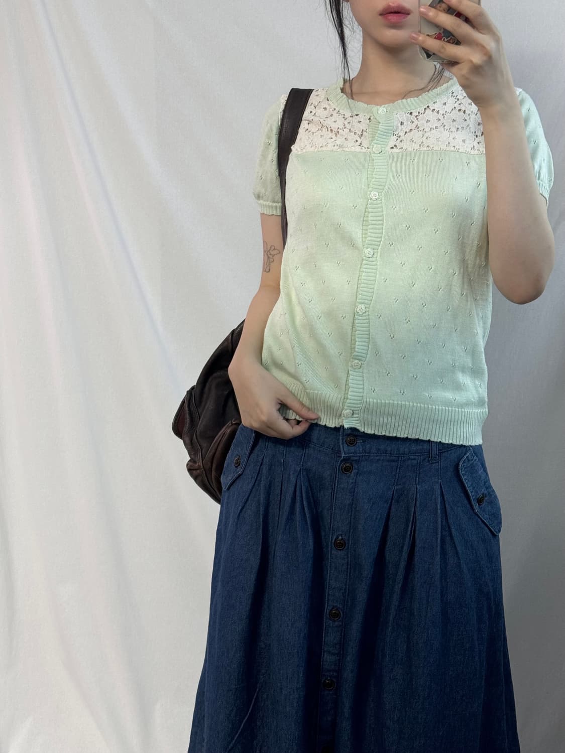 애플 민트 레이스 펀칭 가디건 데님 스커트 2pcs SET 상품이미지2