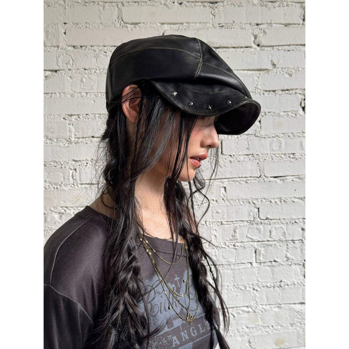 빈티지 무드 레더 스터드 캡 상품이미지3