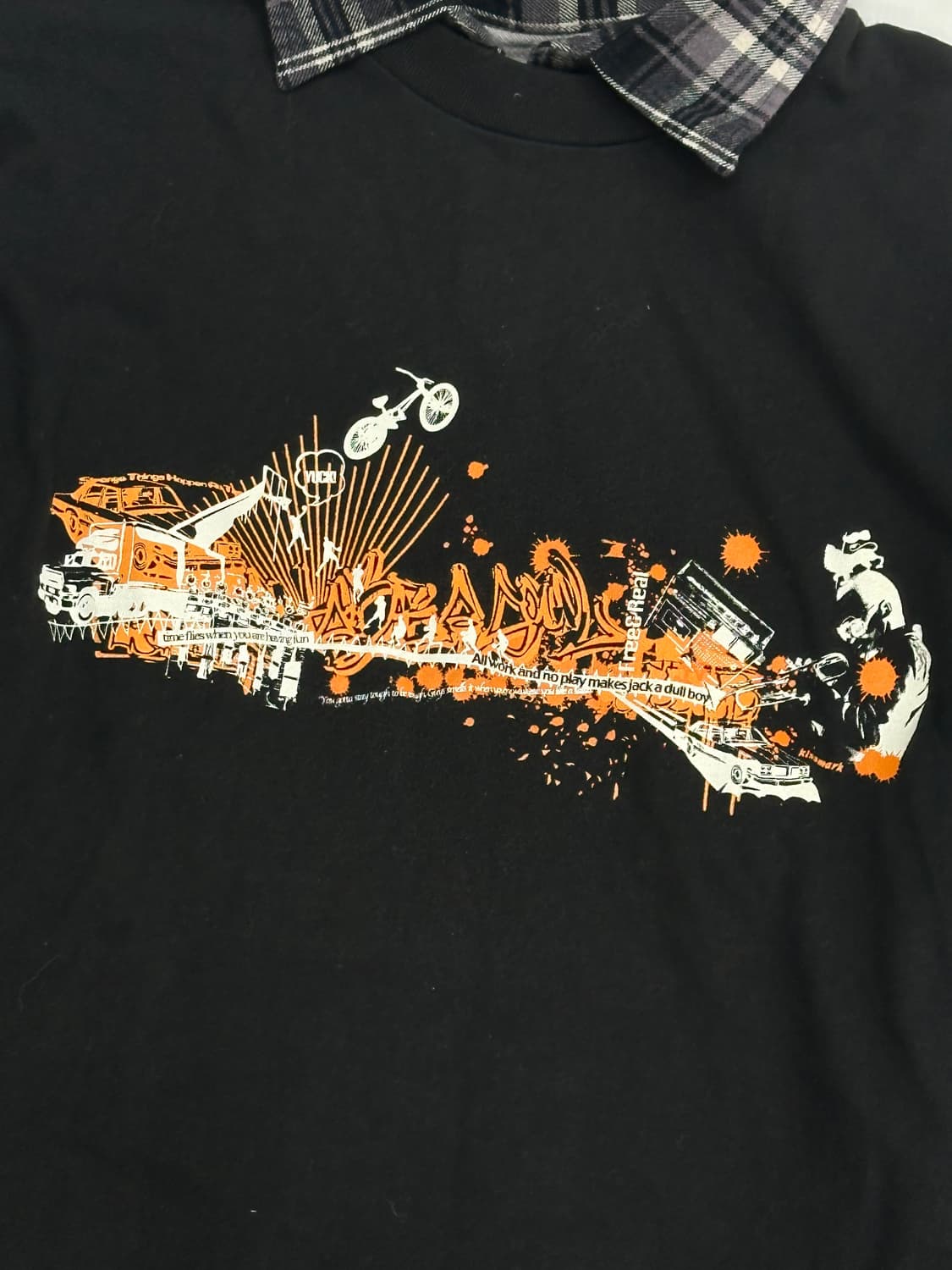  kissmark 블랙반팔티 y2k 프린팅 체크  레이어드 상의코디  상품이미지6