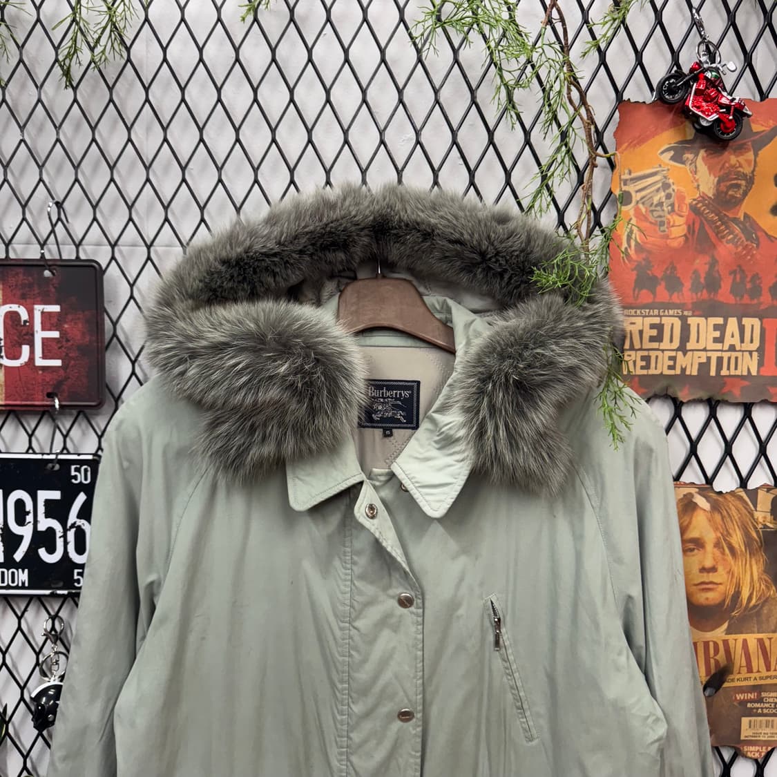 90s 버버리 폭스퍼 후드 롱파카 코트 자켓 민트 상품이미지3