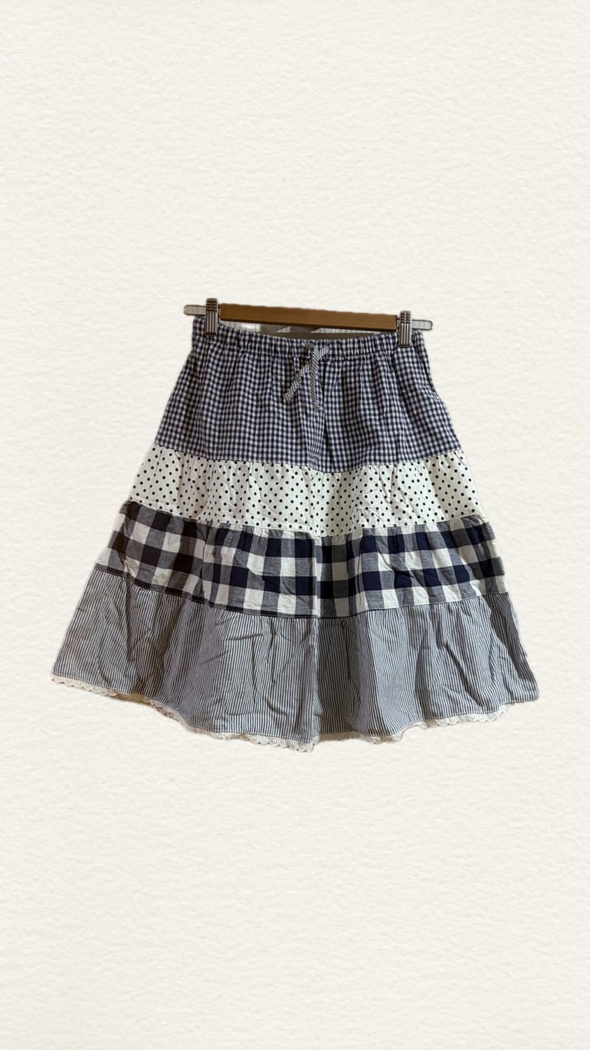 🛋️빈티지 모리걸 도트체크 패치워크 미디스커트 상품이미지1
