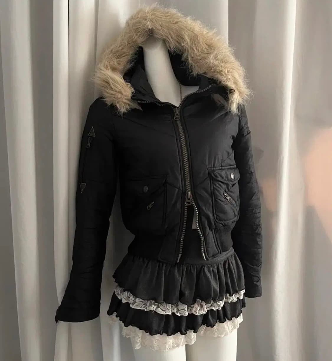 lolablack 빈티지 y2K 고스펑크 퍼 크롭 점퍼 패딩 상품이미지1