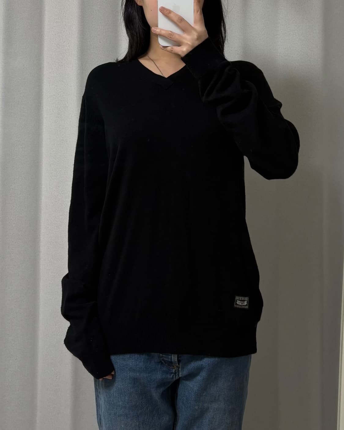 알마니익스체인지 배색 어깨단추절개 긴팔 롱슬리브리스 니트 상품이미지1