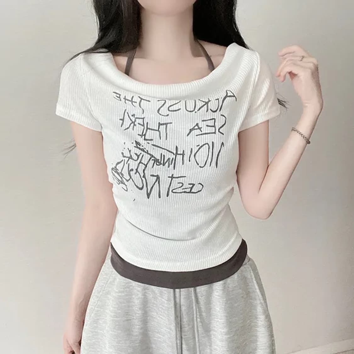 옆셔링 레이어드 배색 반팔 티셔츠 상품이미지1