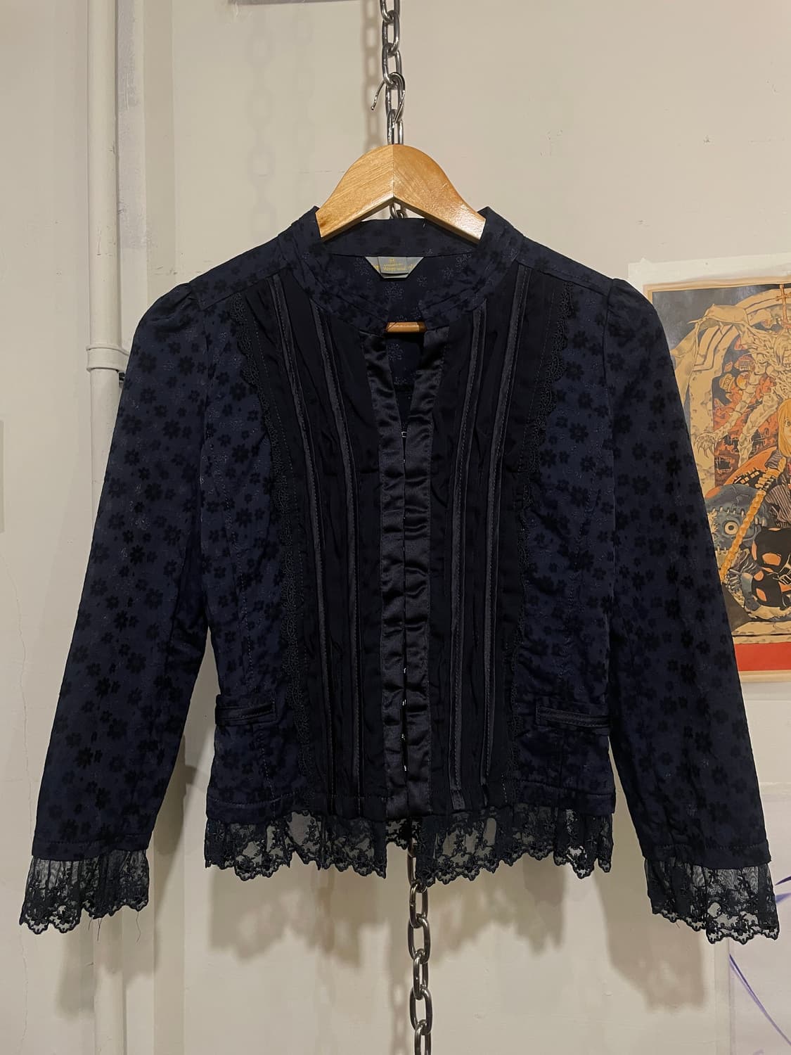 오리엔탈 플라워 자수 레이스 절개 디테일 네이비 자켓 상품이미지3