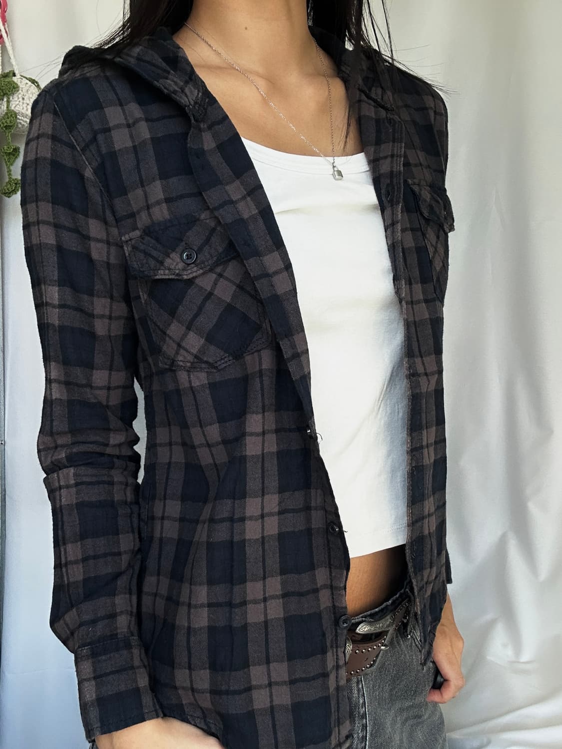 빈티지 후드 체크 긴팔셔츠 상품이미지4