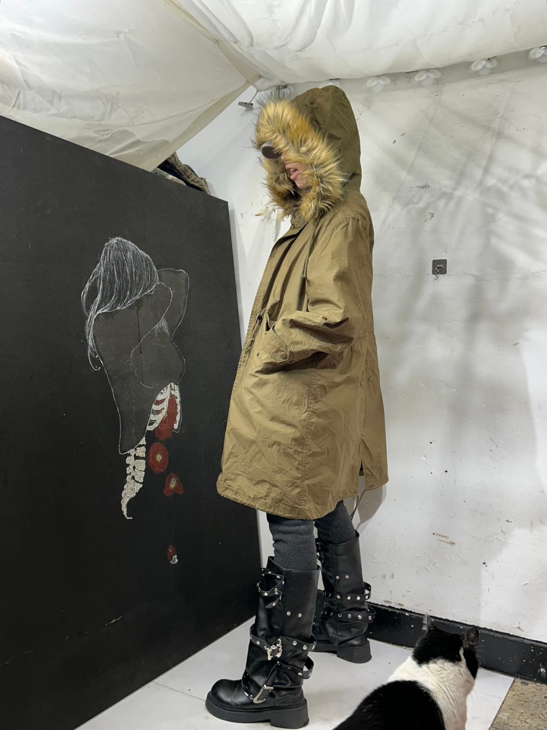 일본빈티지 카키 울프죠 퍼 후드 개파카 야상 밀리터리 갸루 M 상품이미지2