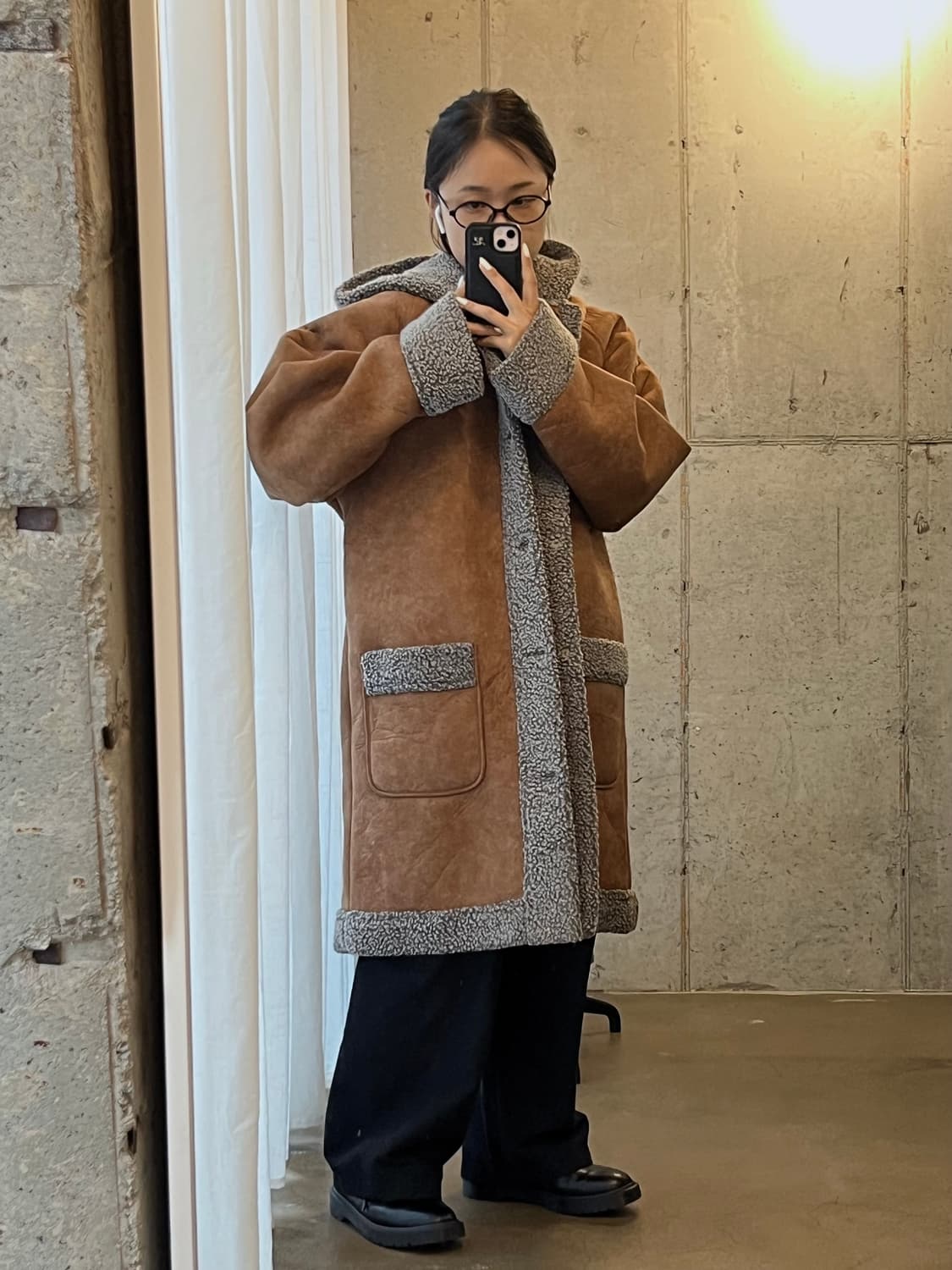 MR.JUNKO 그레이 시어링 후드 코트 상품이미지2