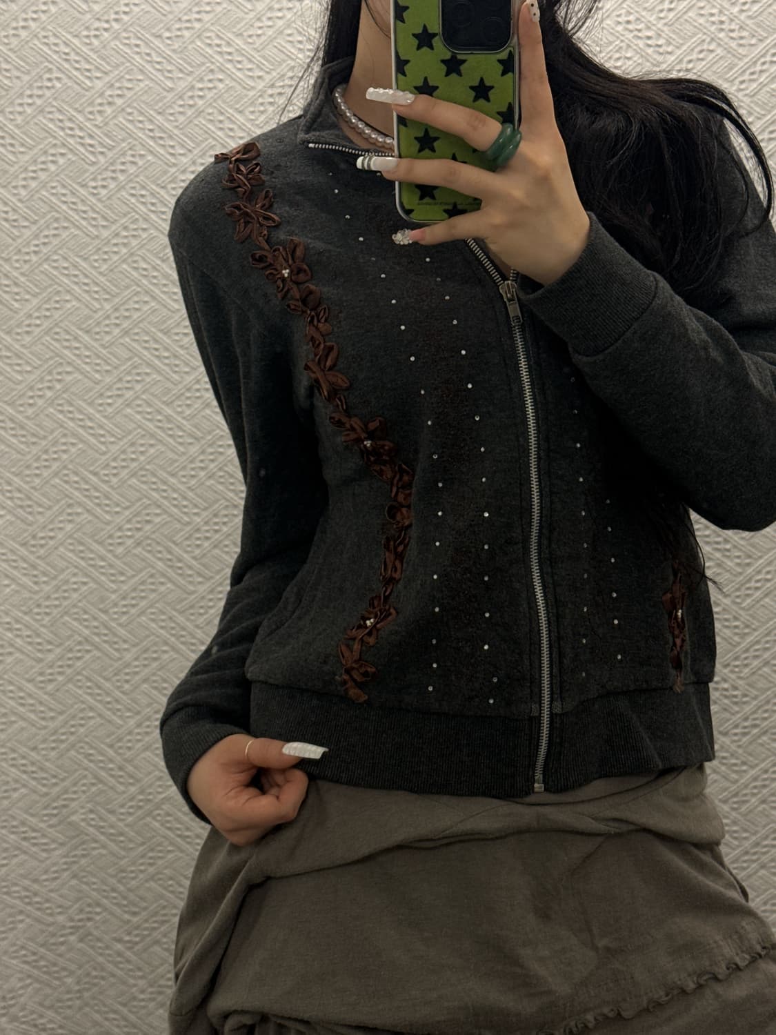 빈티지 코지 모리걸 희귀 Y2K 리본플라워 큐빅 집업 K0071 상품이미지2