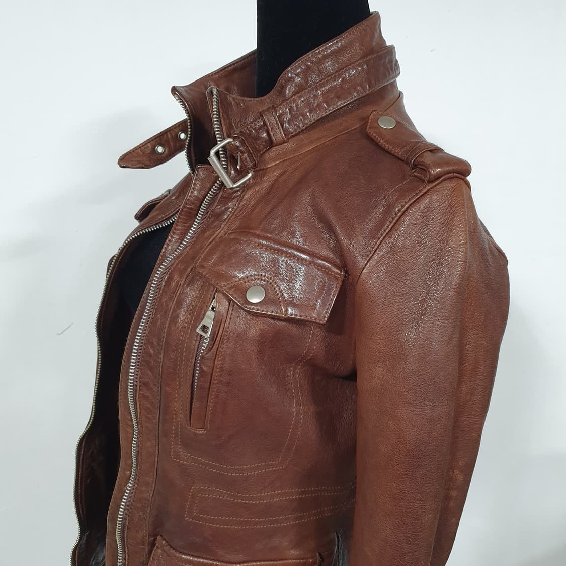 빈티지 그런지 양가죽 램스킨 딥브라운 하이넥 라이더 자켓 갸루 펑크 상품이미지2