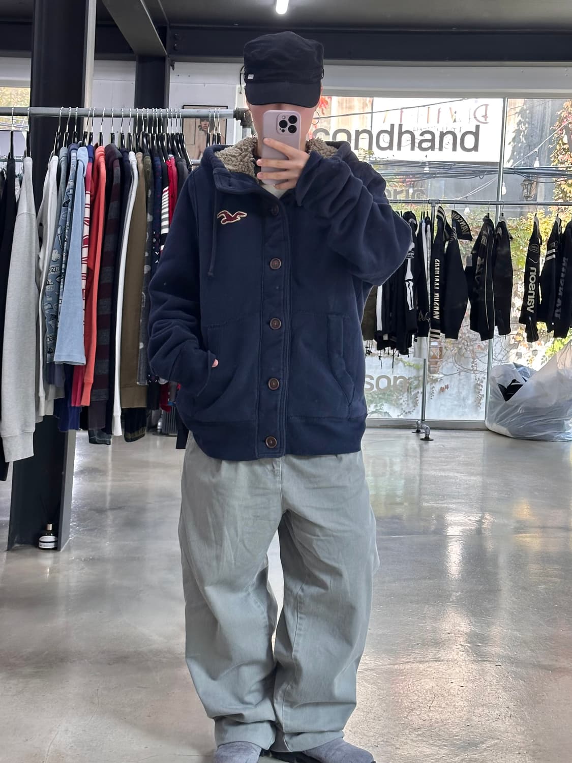 홀리스터 양털 버튼 후드점퍼 네이비 상품이미지2