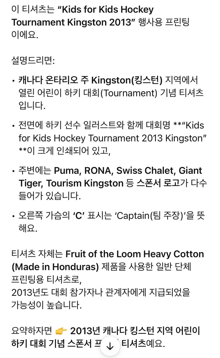 13s Fruit of the Loom 어린이 하키 대회 티셔츠 상품이미지5