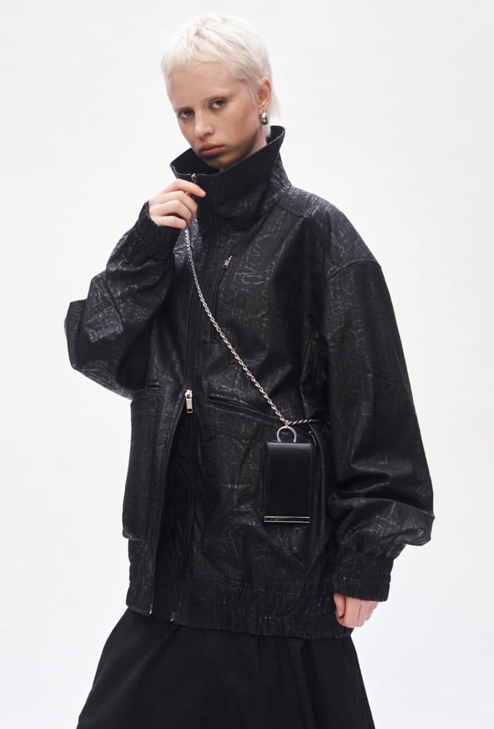 트리밍버드 하이넥 크랙 레더 블루종 가죽 자켓 블랙 상품이미지2