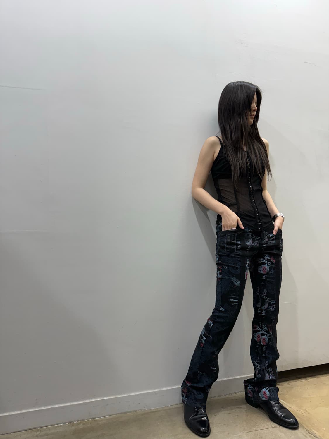 오즈온 오리엔탈 패턴 디테일 매쉬 부츠컷 팬츠 상품이미지2