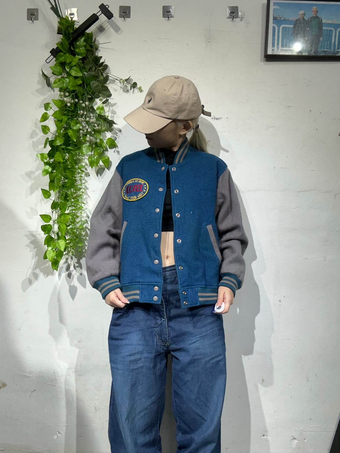 일본 빈티지 블루 그레이 BVD 자수 울 바시티 자켓 M 상품이미지2