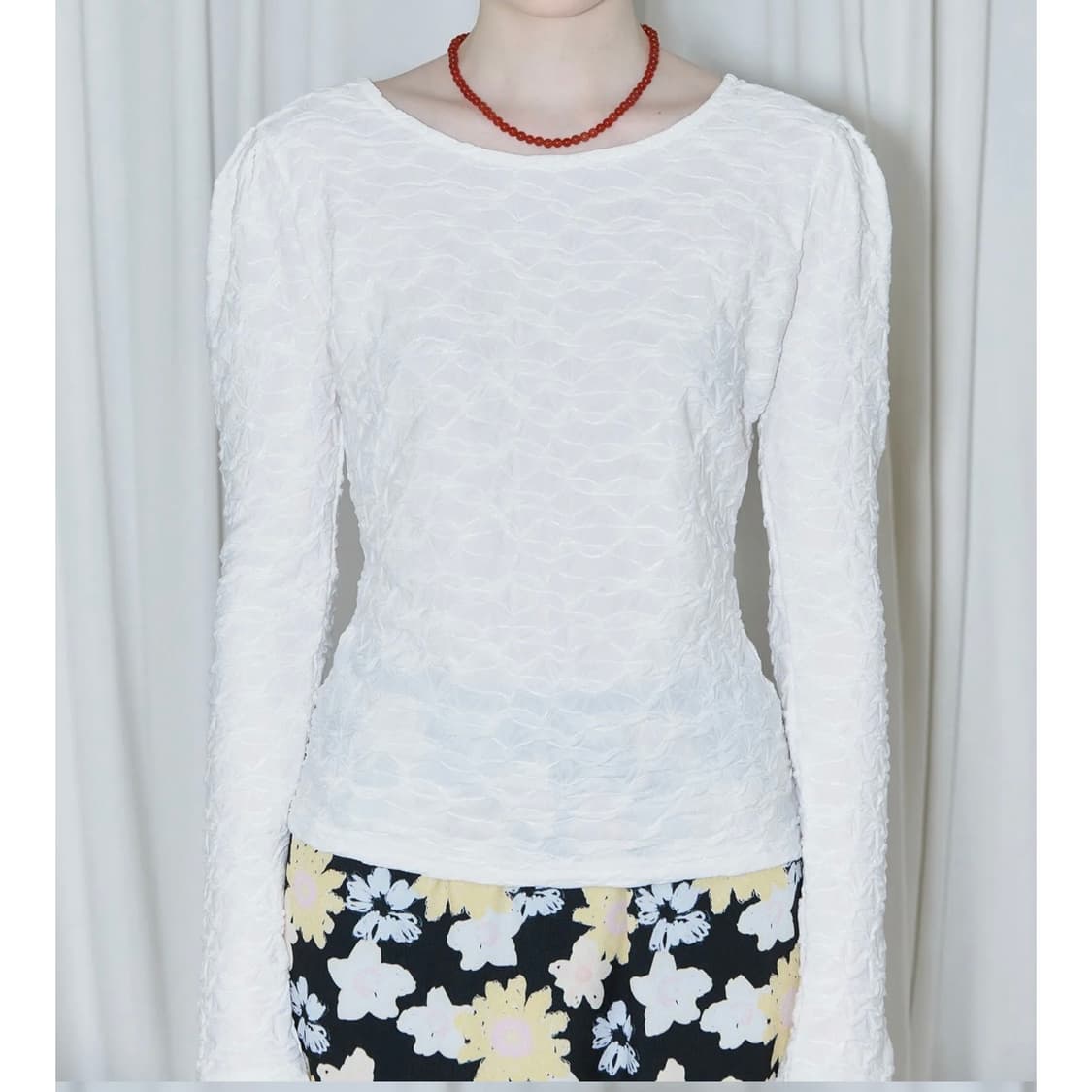 시눈 자카드 긴팔 퍼프 티셔츠 퍼프 소매 블라우스 상품이미지1