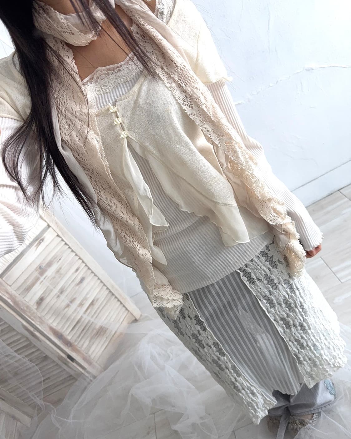 Light Beige Fairy Crochet Shirred Scarf 상품이미지6