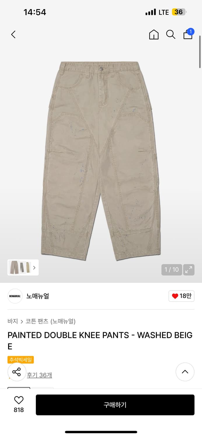 PAINTED DOUBLE KNEE PANTS - WASHED BEIGE 상품이미지1