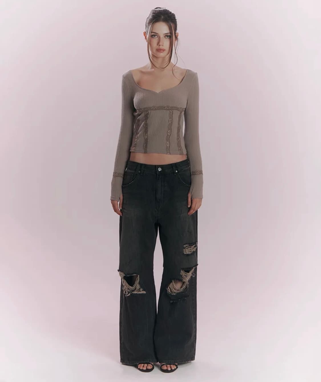 플리즈노팔로우  jay destroyed wide denim M 상품이미지1