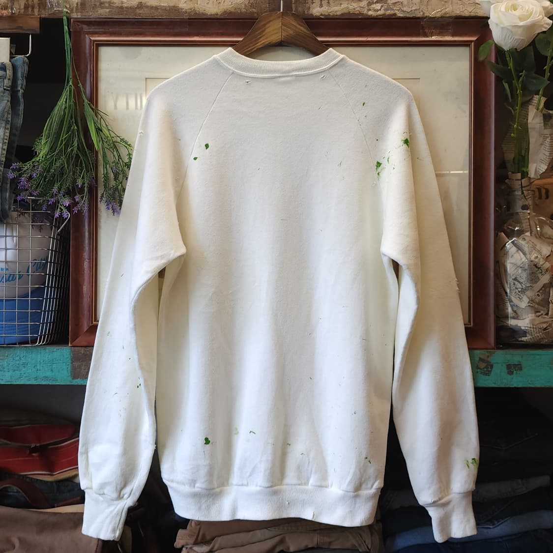 90s 빈티지 스웻셔츠 플레인 스웻셔츠 페인팅 데미지 화이트 L 상품이미지3