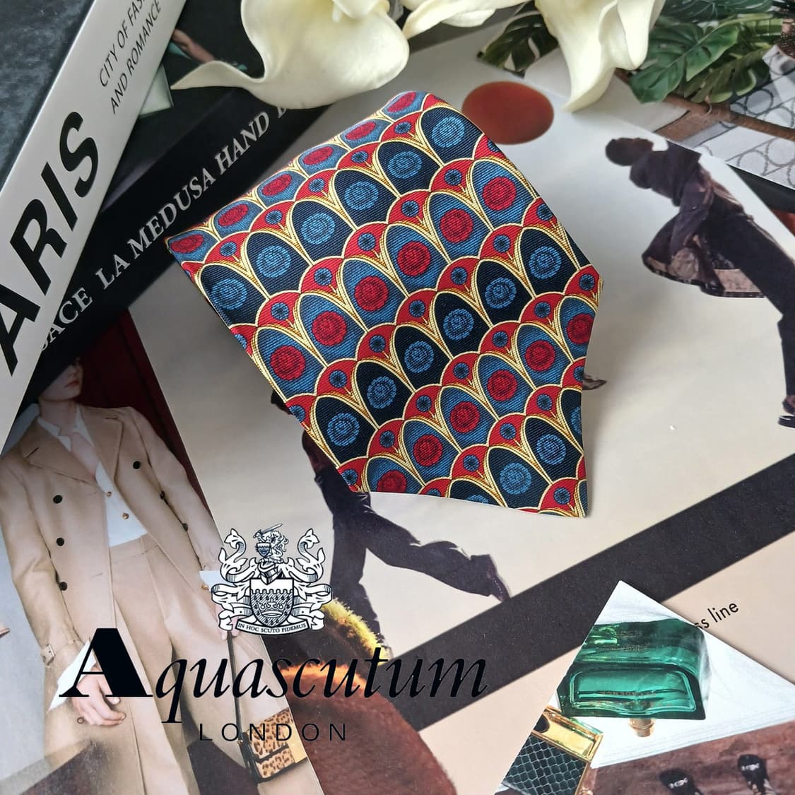 아쿠아스큐텀 실크 네이비 멀티 패턴 넥타이 9.7cm A+등급 G27 상품이미지2