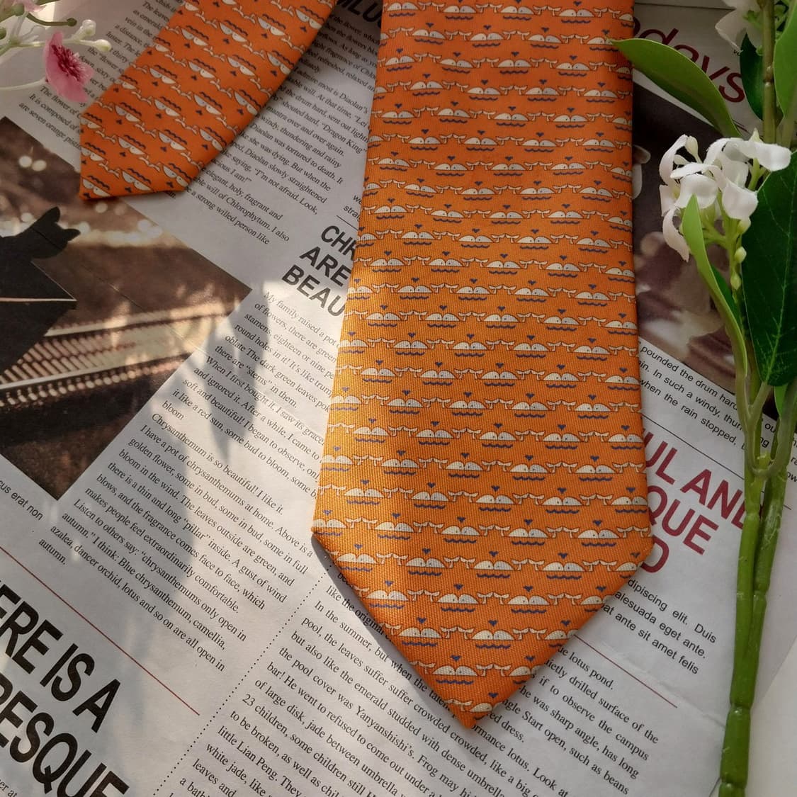 살바토레 페라가모 실크 오렌지 고래 패턴 넥타이 8cm B등급 K1633 상품이미지3