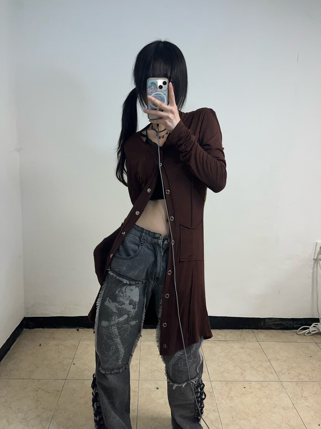 그런지 Y2K 프린팅 슬림핏 가디건 상품이미지1