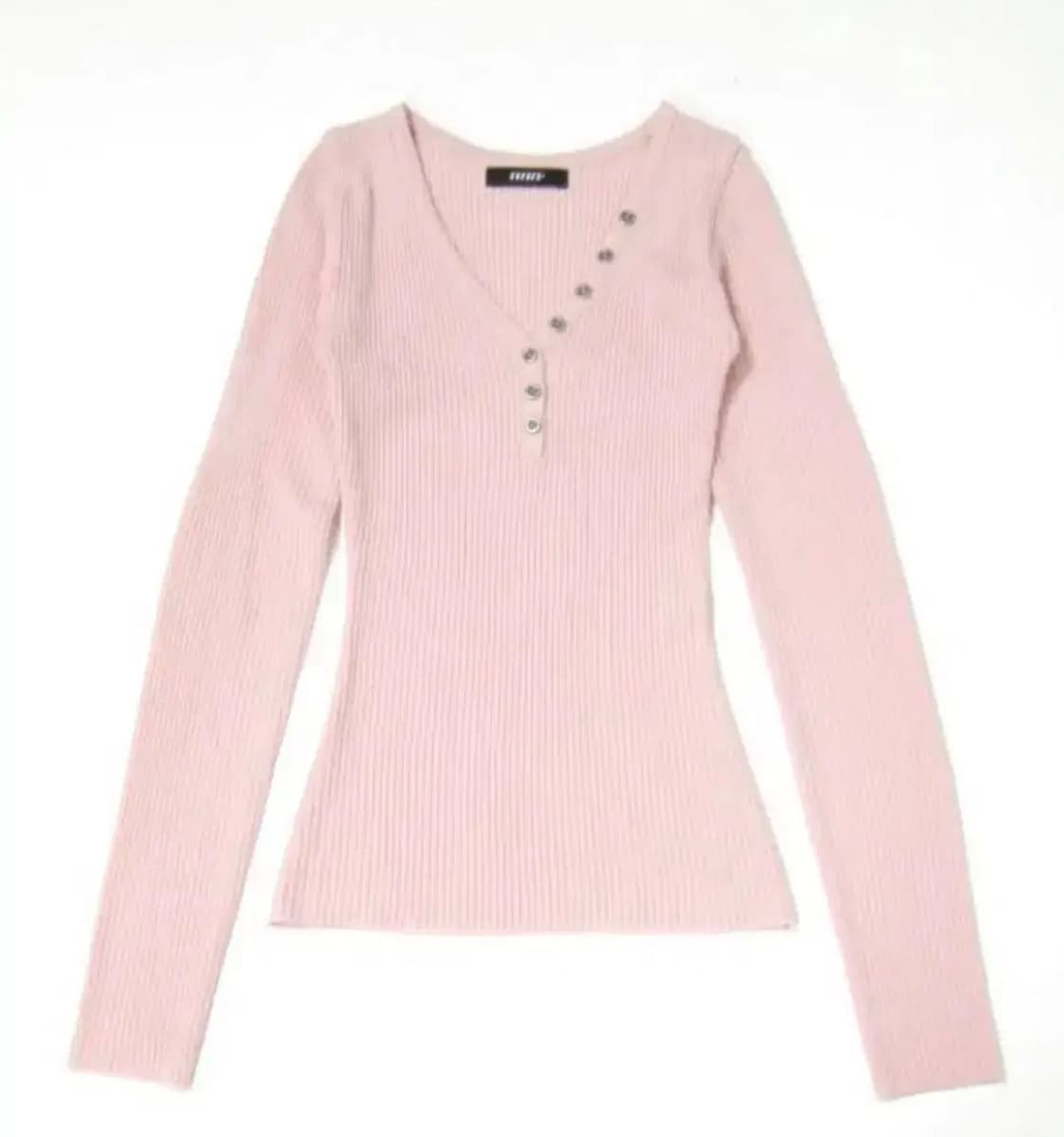 딸기우유 버튼 골지 슬리브 슬림핏 긴팔 티셔츠 니트 핑크 하구미 상품이미지1