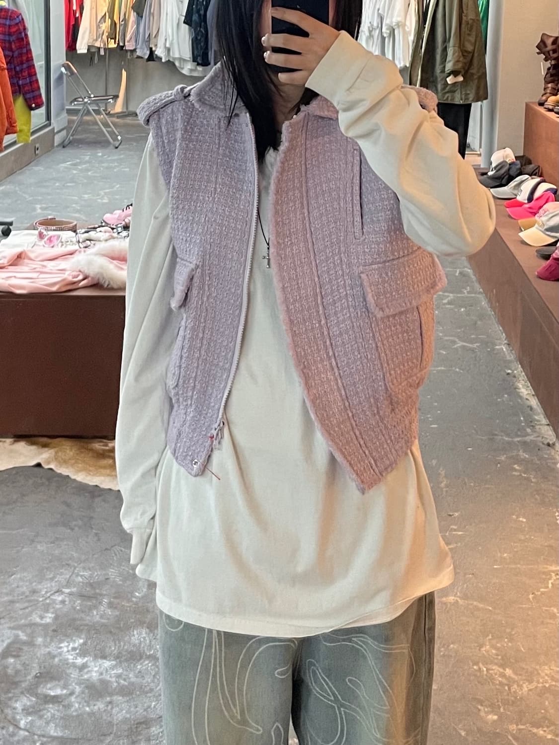 오픈와이와이 트위드바이커 연보라 베스트 H1879 상품이미지1