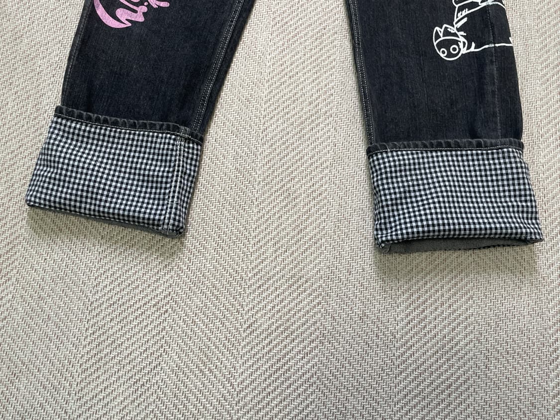 원피스 프린팅 밑단 체크 쵸파 데님 팬츠 J04092 상품이미지3