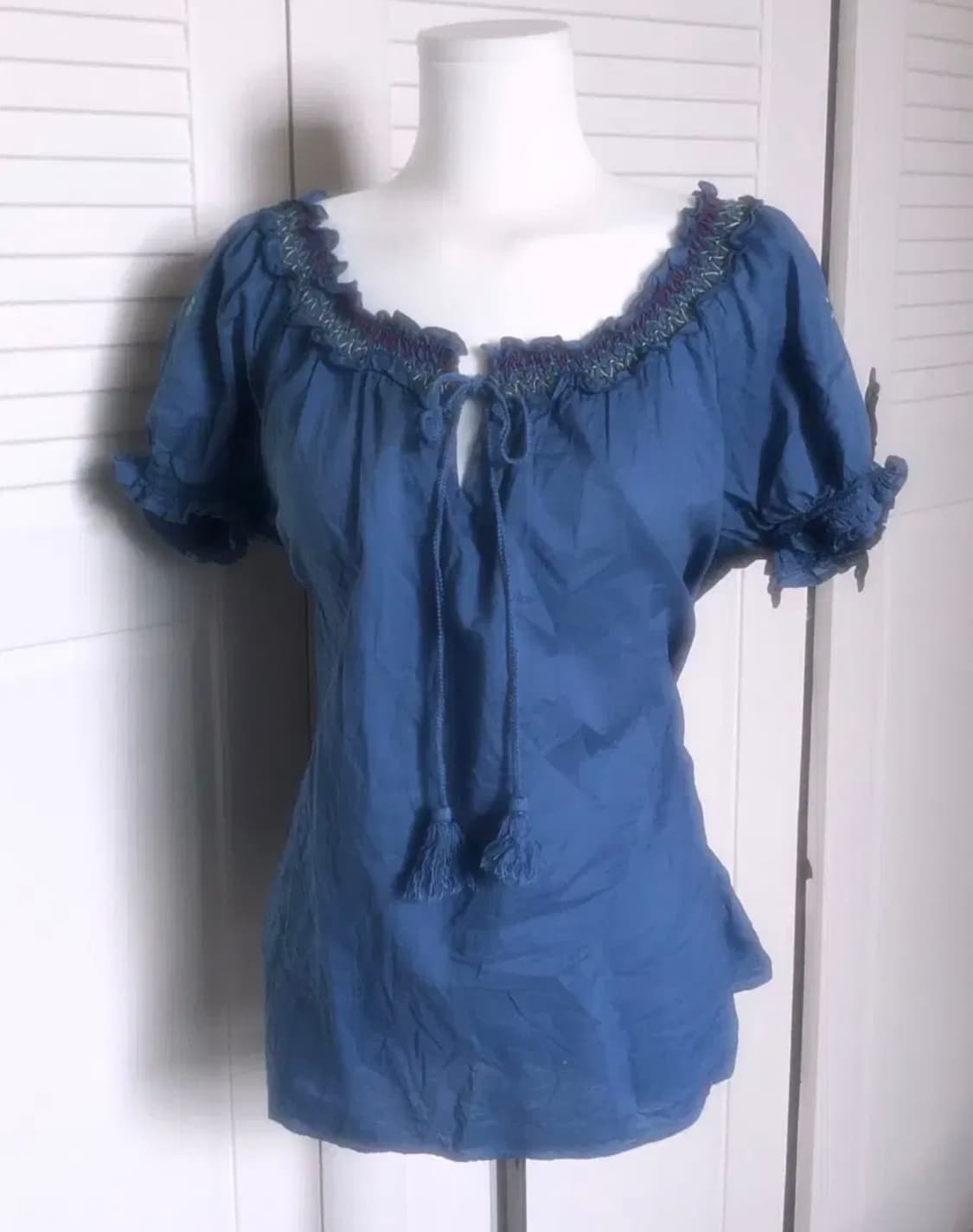 모리걸 플라워 자수 퍼프 소매 블라우스 티셔츠 상의 상품이미지2