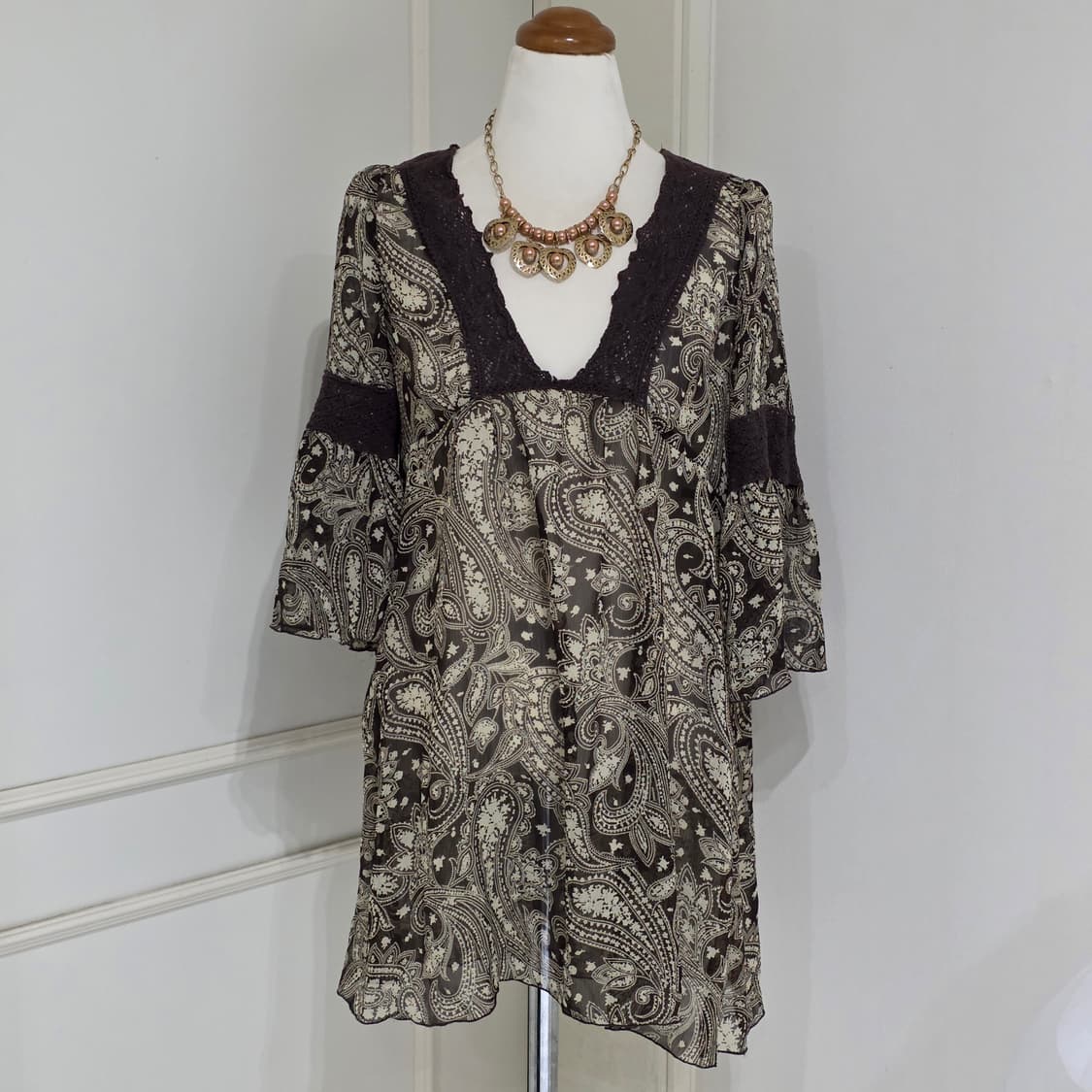 일본빈티지 보헤미안 페이즐리 오리엔탈 갸루 히피모리걸 쉬폰 블라우스 상품이미지1