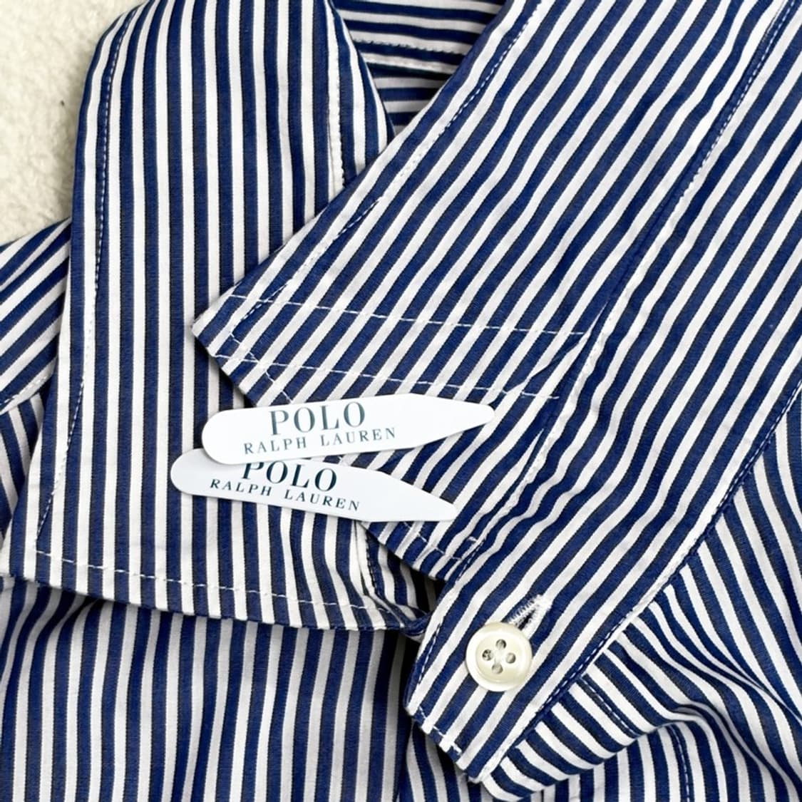 POLO 블루 스트라이프 와이드카라 드레스 셔츠 16 34/35 상품이미지4