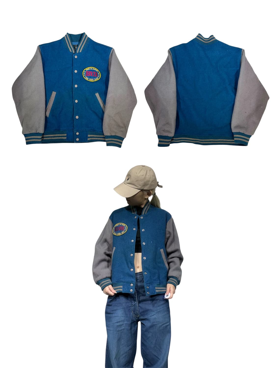 일본 빈티지 블루 그레이 BVD 자수 울 바시티 자켓 M 상품이미지1