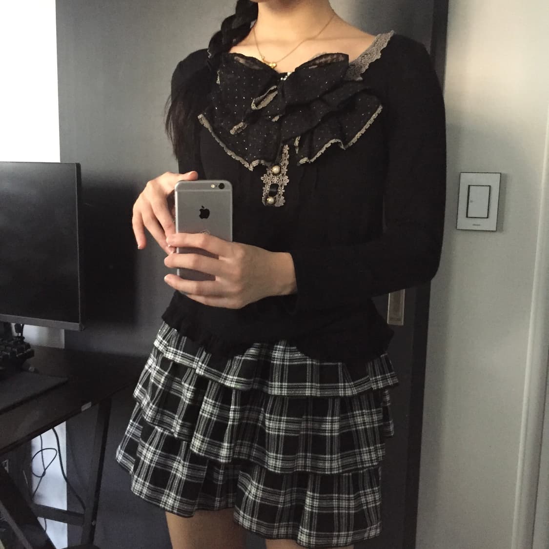 axes 히메갸루 러블리 빅리본 레이스 니트 & 체크 스커트 세트 상품이미지2