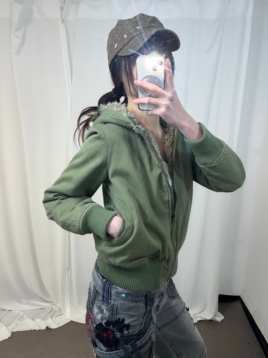 Y2K 카키 퍼 후드집업 상품이미지2